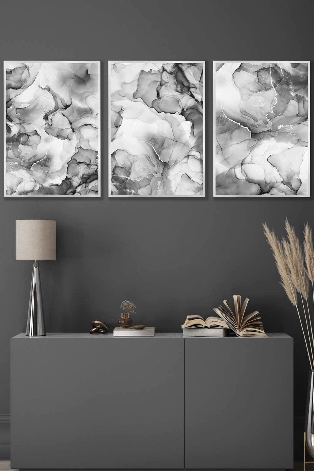 Set of 3 Silver Framed Abstract Floral Fluid in Grey Wall Art